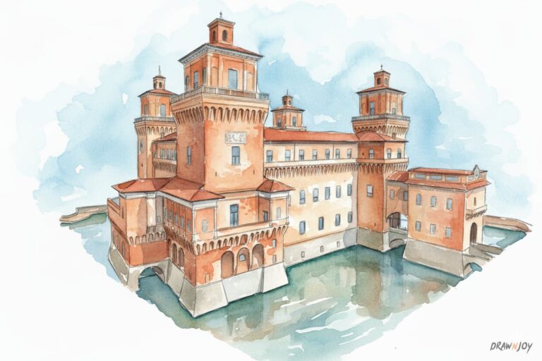 Draw Castello Estense: Reference Photo, Sketch & Watercolor